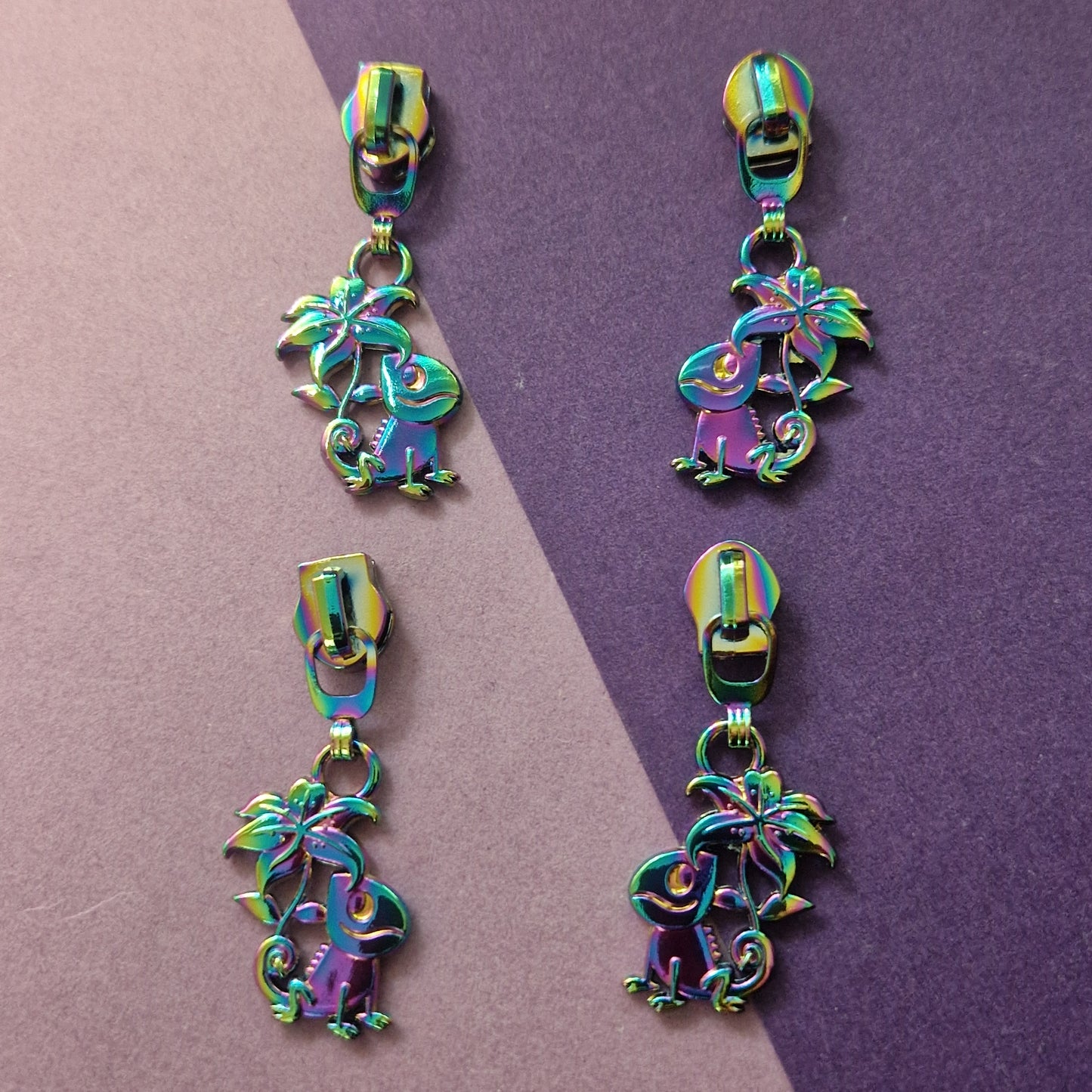 Floral Chameleon shaped silver or rainbow #5 zipper pull
