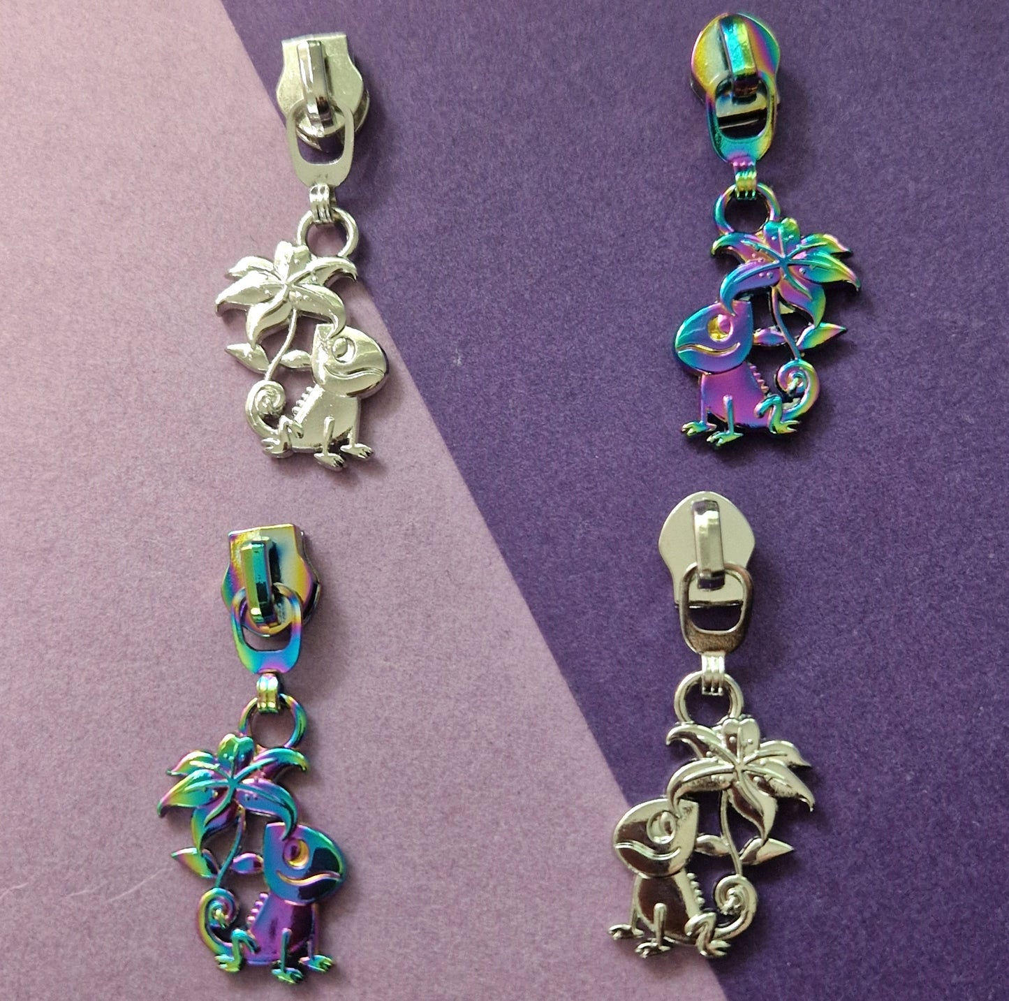 Floral Chameleon shaped silver or rainbow #5 zipper pull