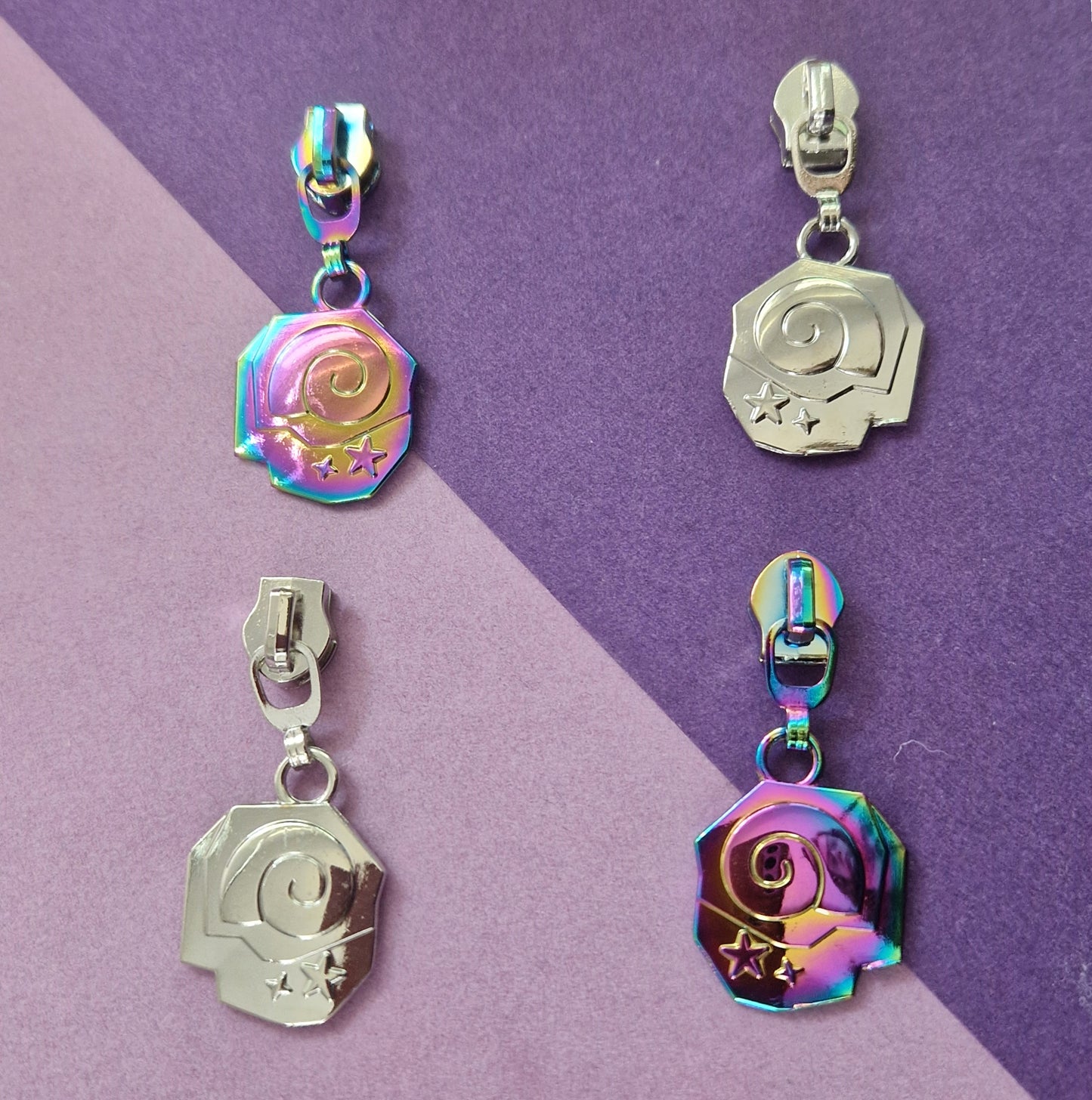 Fossil shaped silver or rainbow #5 zipper pull