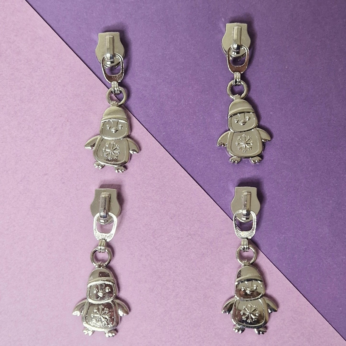 Winter penguin shaped silver or rainbow #5 zipper pull