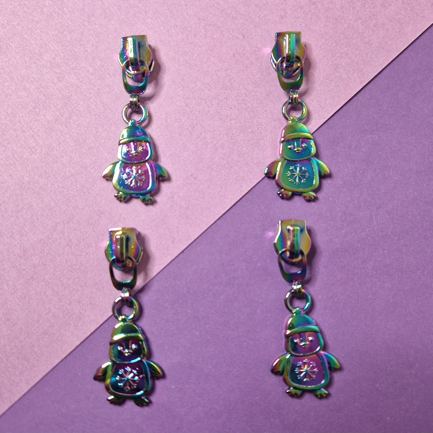 Winter penguin shaped silver or rainbow #5 zipper pull