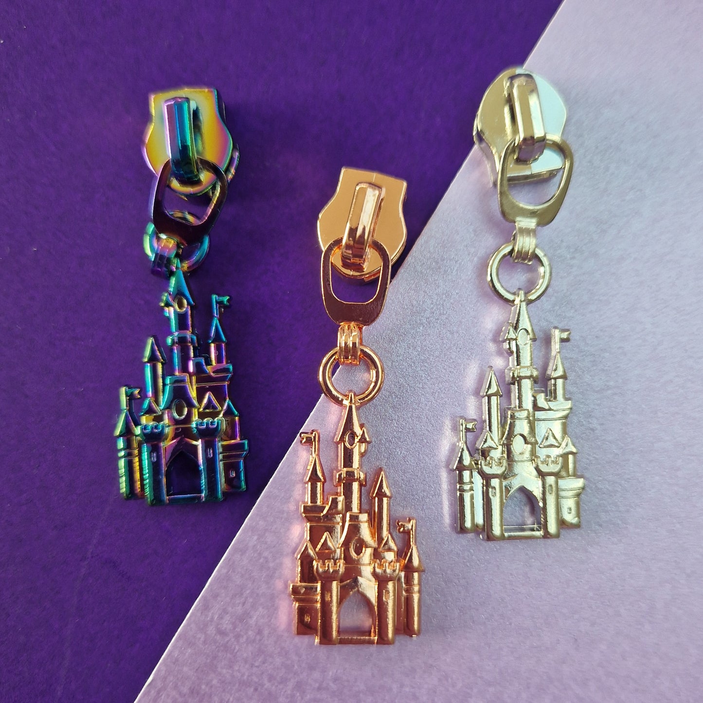 Castle shaped silver, rose gold or rainbow #5 zipper pull