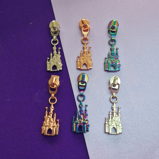 Castle shaped silver, rose gold or rainbow #5 zipper pull