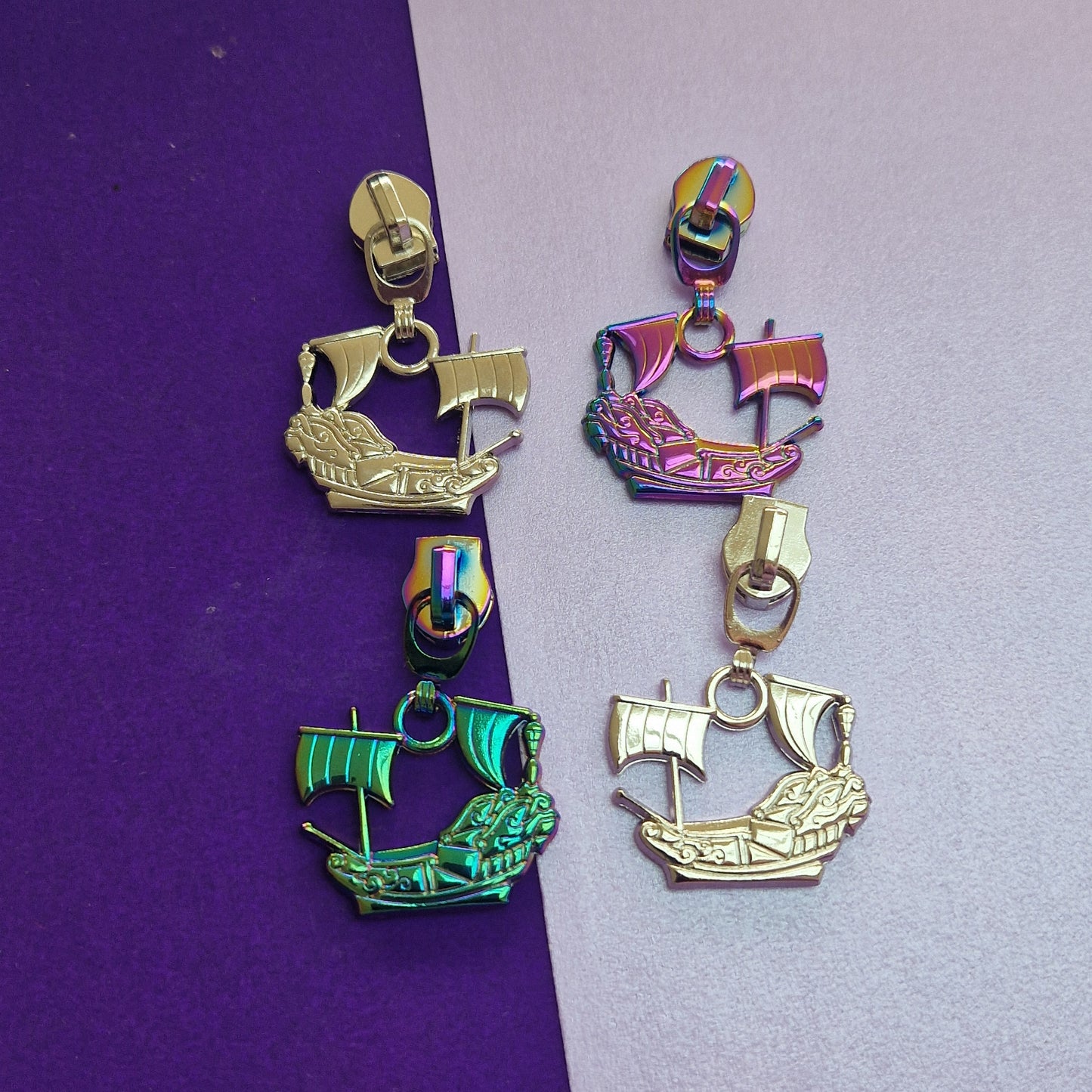 Pirate Ship shaped silver or rainbow #5 zipper pull