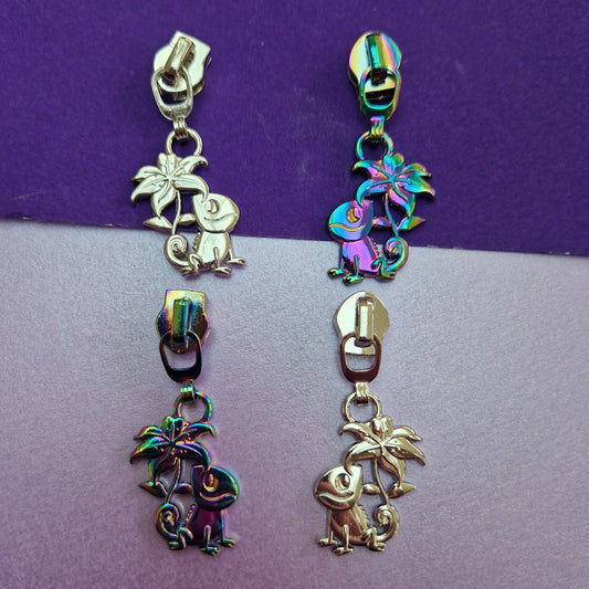 Floral Chameleon shaped silver or rainbow #5 zipper pull