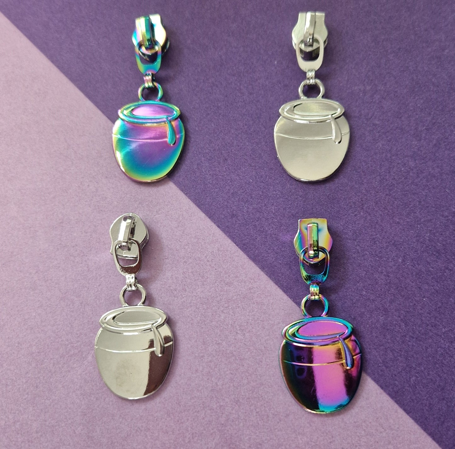 Honey pot shaped silver or rainbow #5 zipper pull