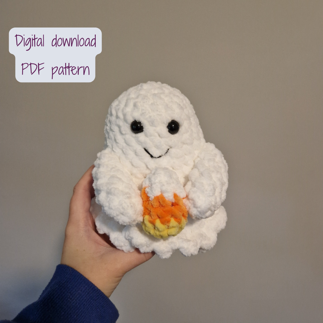 Marshmallow Ghost holding a candy corn Digital Crochet Pattern