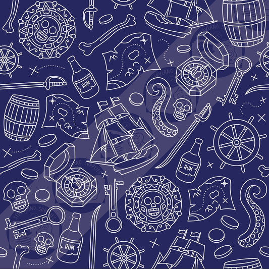 Rum Pirates blue background 100% cotton fabric - fat quarter or metre