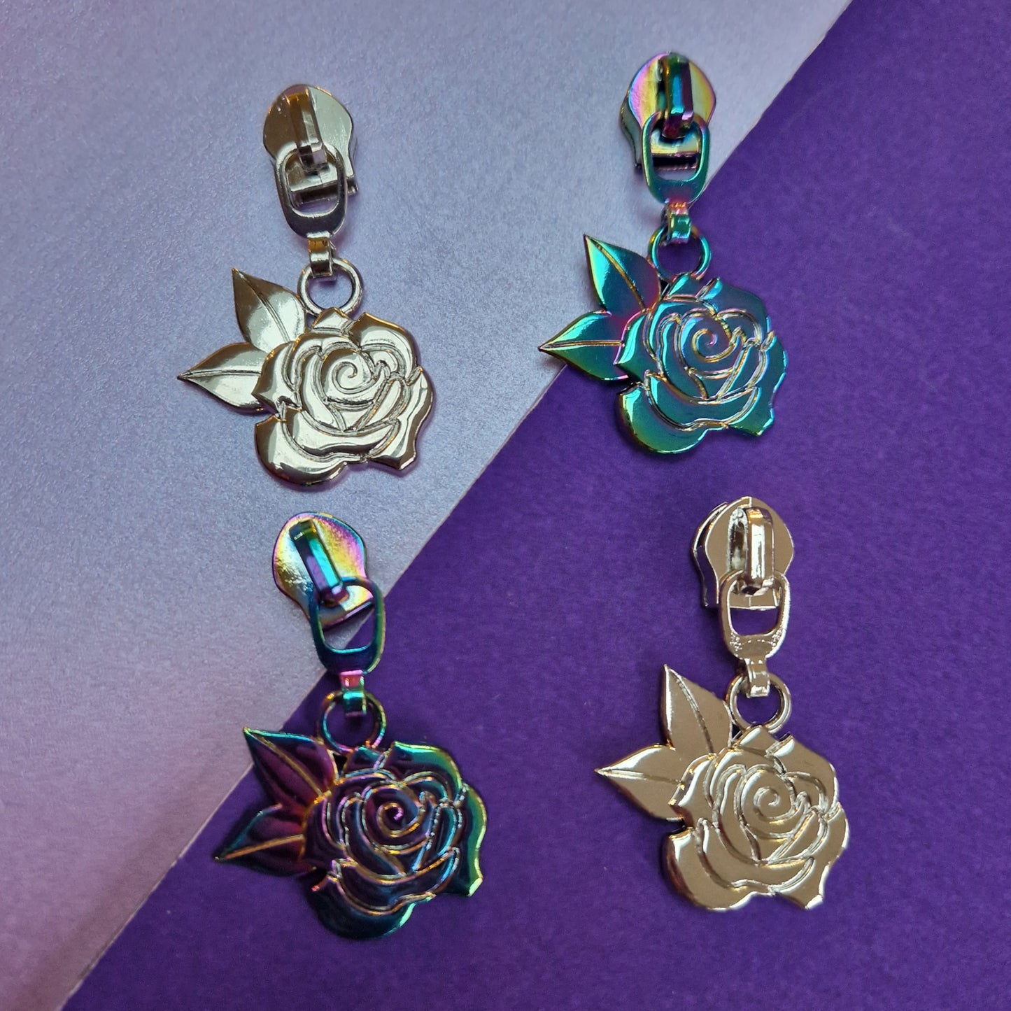 Rose shaped silver or rainbow #5 zipper pull