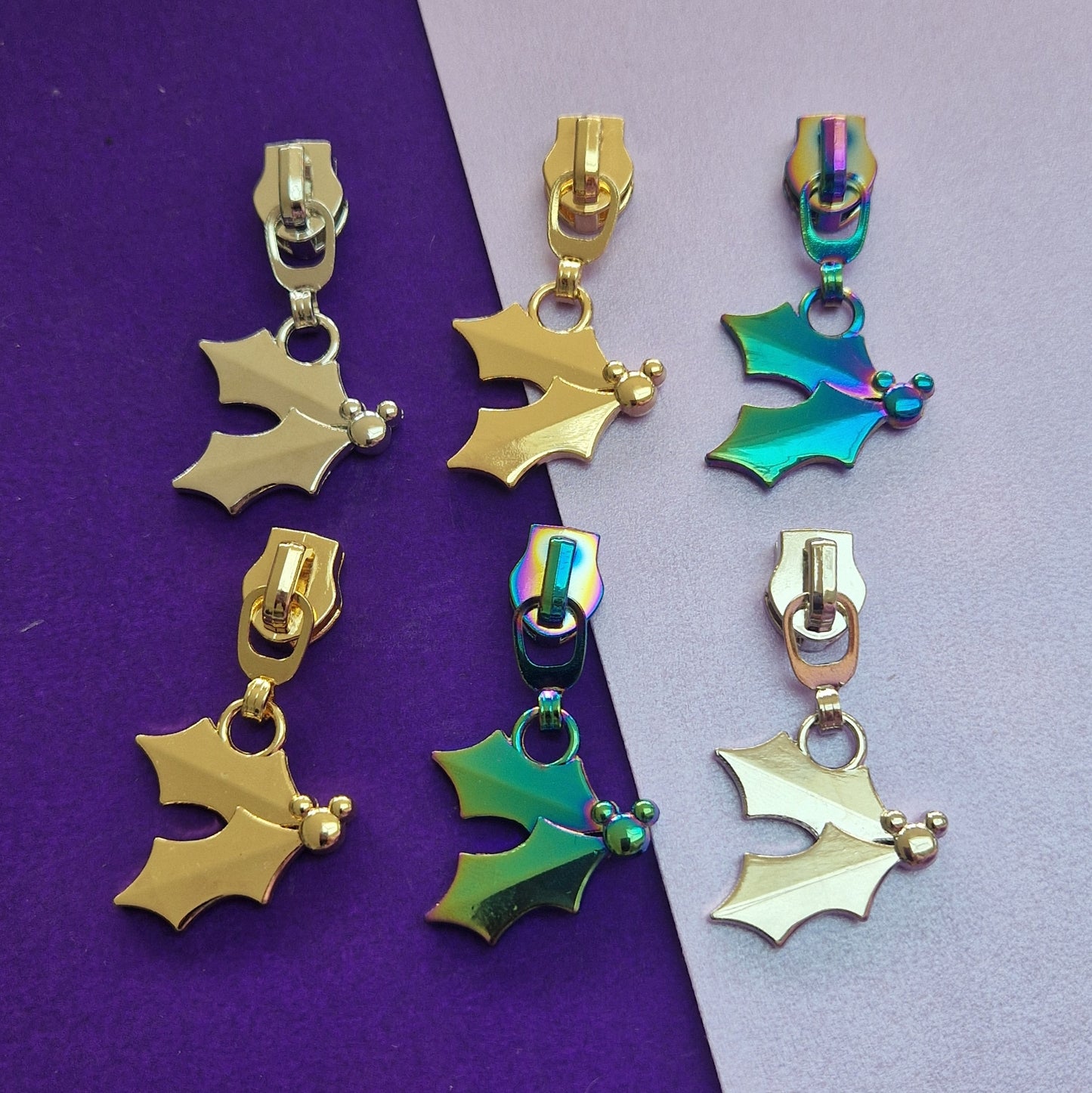 Holly shaped silver, gold or rainbow #5 zipper pull