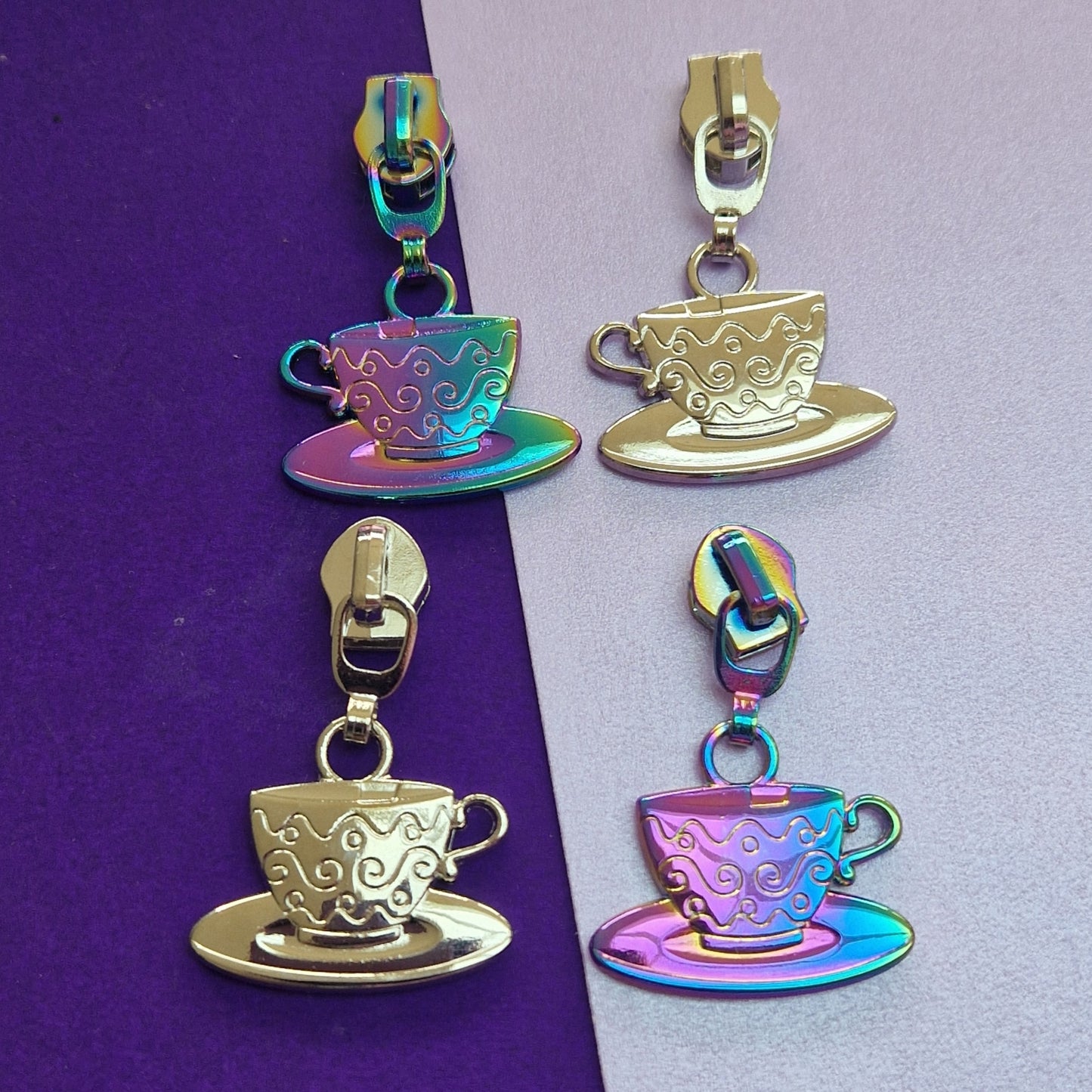 Tea cup shaped silver or rainbow #5 zipper pull