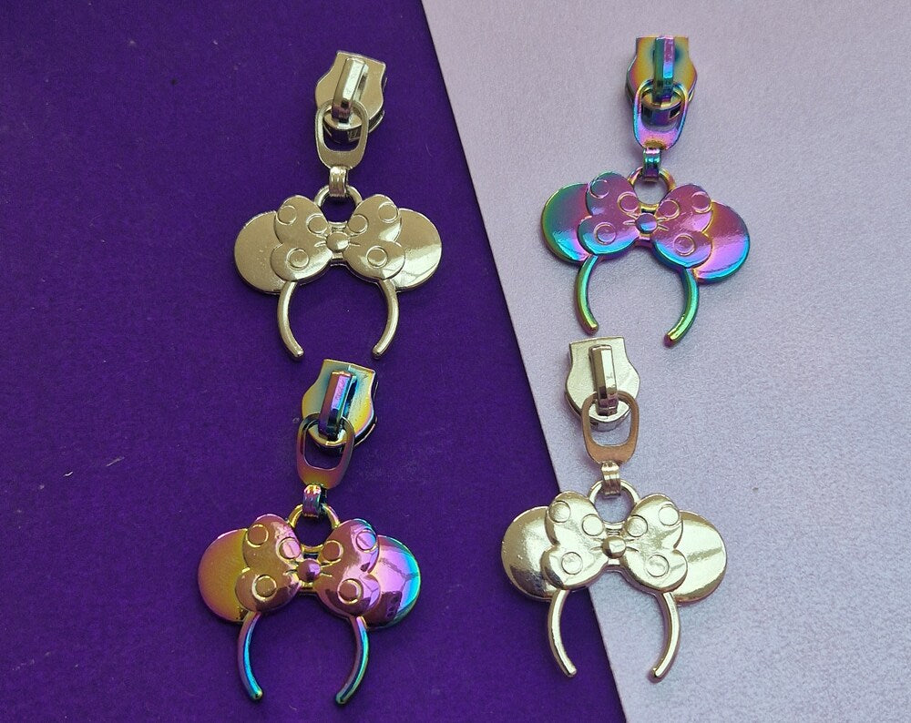 Mouse Ears shaped silver or rainbow #5 zipper pull